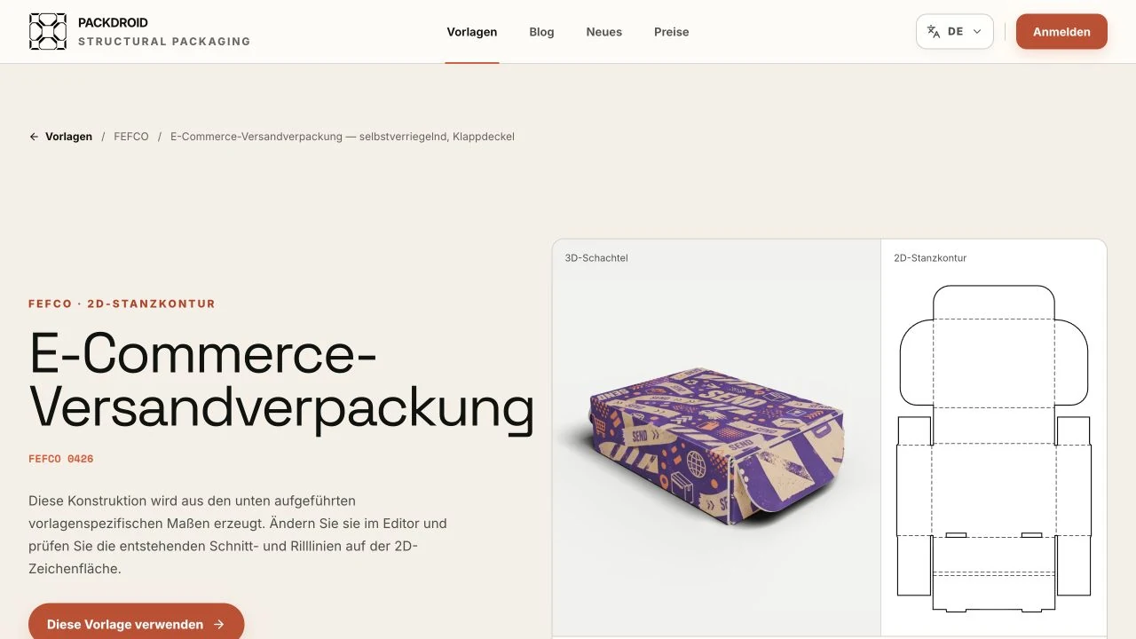 Deutsche Packdroid-Seite für FEFCO 0426 mit gefalteter Versandverpackung und flacher Stanzkontur