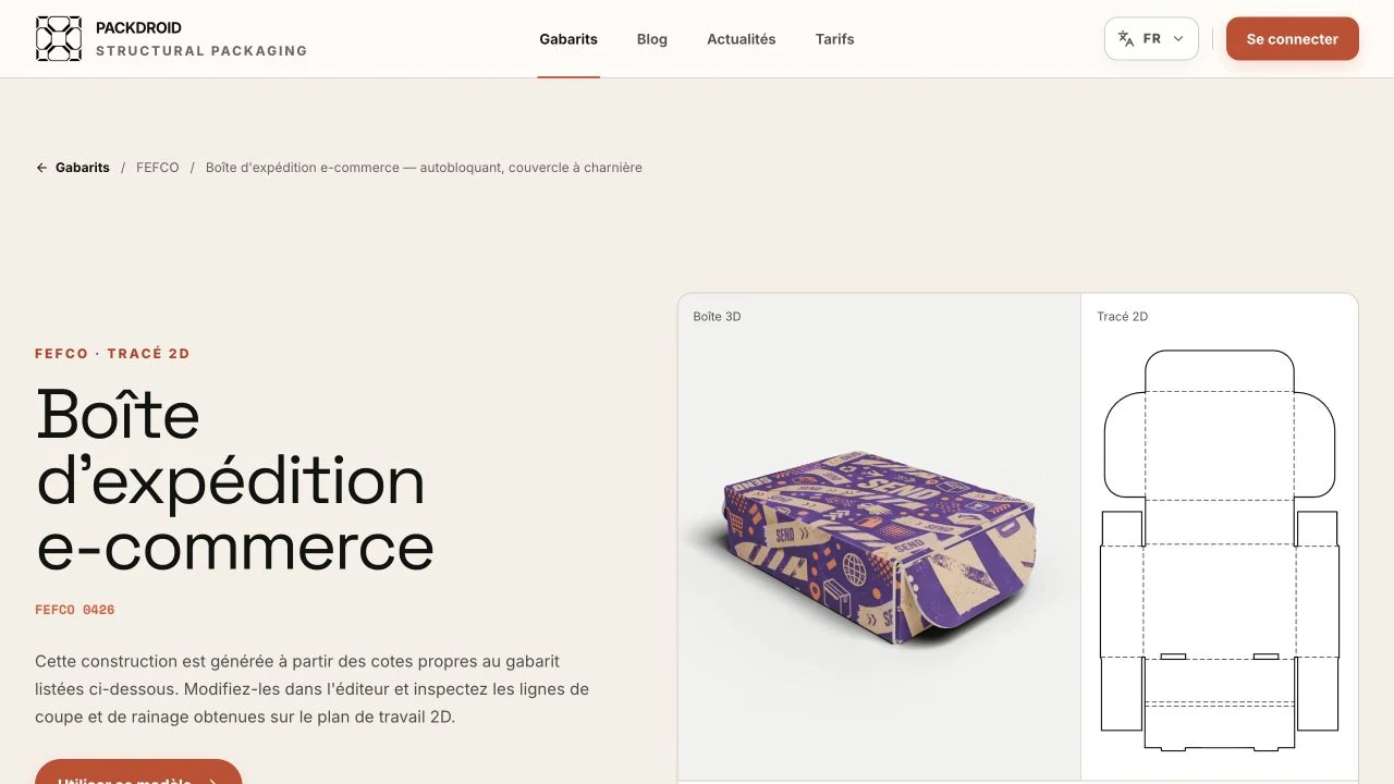 Page française Packdroid du modèle FEFCO 0426, avec la boîte pliée et son tracé de découpe à plat